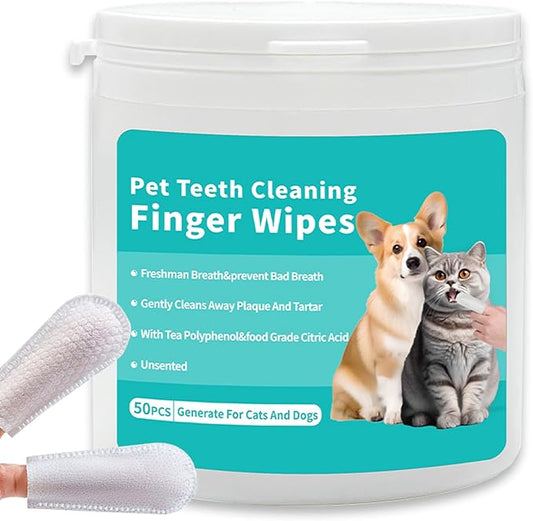 Dog Teeth Finger Wipes Cat Dental Finger Wipes, Puppy Teeth Cleaning Wipes, Pet Oral Care Pack of 50