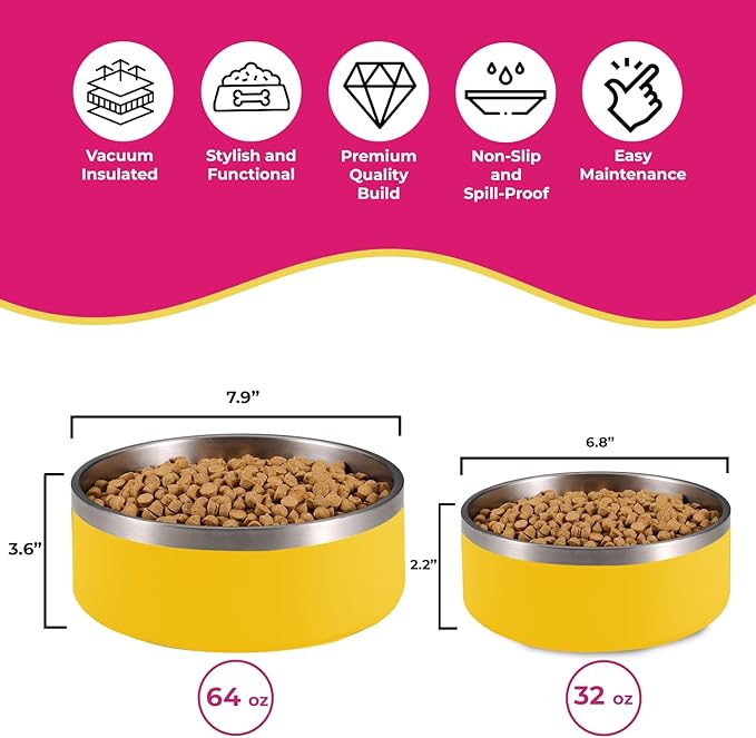 Dog Bowl - Vacuum Insulated Keeps Water Cool, Non-Slip Base, Easy Clean Interior, Durable Stainless Steel, Multiple Colors, Ideal for Travel, 32 Oz - Pet Bowl (Yellow)