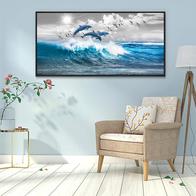 Wapluam Large Wall Art For Living Room Wall Decorations For Bedroom Blue Waves Of The Sea Wall Pictures Artwork Modern Office Dolphins Canvas Print Wall Paintings Black Framed Home Decor Poster