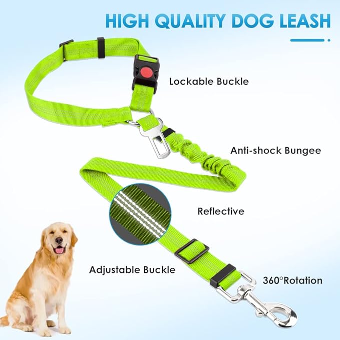 SlowTon Dog Seat Belt for Car, 2 Pack Dog Car Harness Seatbelt Adjustable with Elastic Bungee Buffer, 2 in 1 Pet Car Leash Headrest Restraint Dog Reflective Safety Tether (Lime, Headrest+Clip)