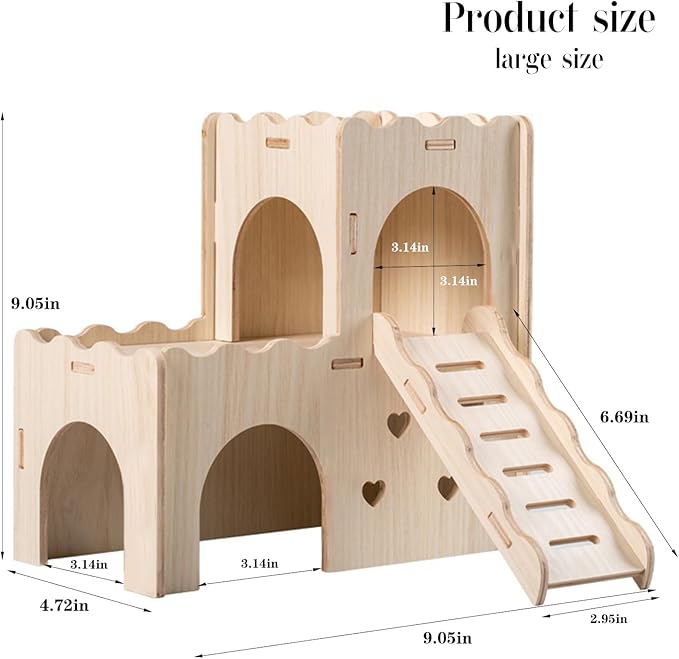 Large Wooden Hamster House Castle with Double Decker,Large Hamster, Wooden Hamster Houses,Dwarf Hamster Habitat Hideout with Climbing Ladder,Large Guinea Pig Castle Detachable Hideouts(D)