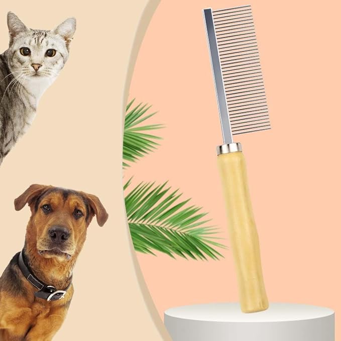 Pet Comb for Dog Cat Rabbit Grooming, Dog Stainless Steel Combs with Wooden Handle, Small Cat Flea Lice Comb for Removes Mats, Tangles and Loose Fur