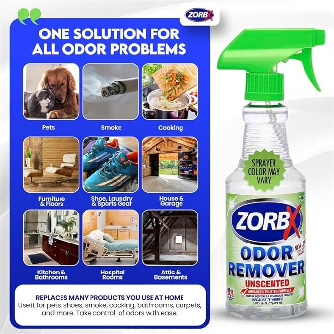 ZORBX Unscented Odor Eliminator for Strong Odor 16 Fl Oz - Used in Hospitals & Healthcare Facilities - Advanced Trusted Formula, Fast-Acting Odor Remover Spray for Dog, Cat, House & Carpet