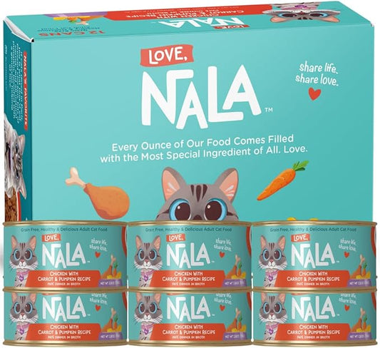 LOVE, NALA - Natural Adult Cat Wet Food - Pate Chicken with Carrot & Pumpkin Recipe- Grain Free, Non-GMO, Lean Protein, Digestive Fiber Blend, Added Minerals & Vitamins - 12 Pack 2.4 lbs.