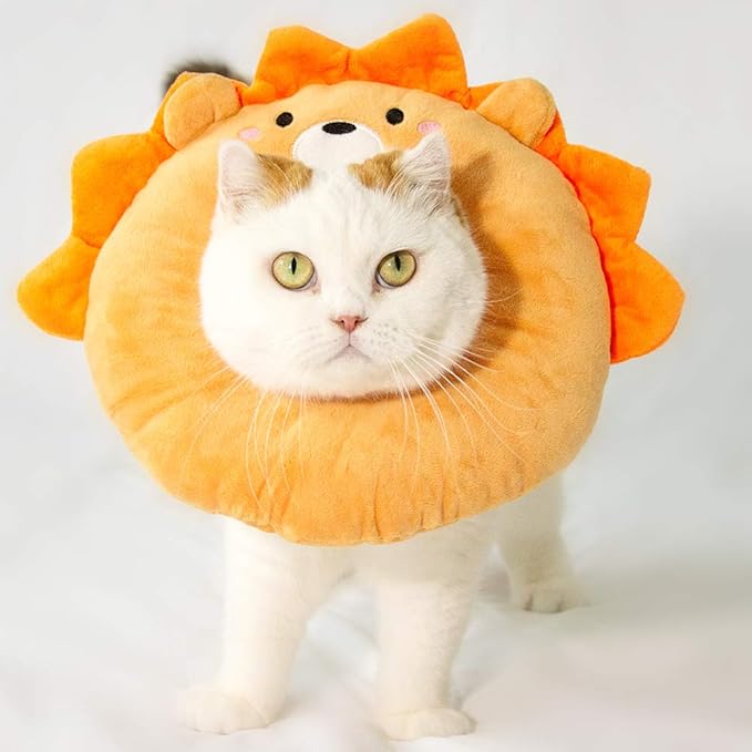 Adjustable Cat Recovery Collar Soft,Cute Pet E-Collar Neck Cone After Surgery Wound Healing Protective Cone Fit for Kitties, Small Dogs(ELC05-lion-m)