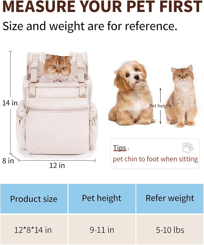 OFY Cat Carrier Puffy Backpack Breathable Small Dog Front Backpack Large Space for Small Dogs, Drawstring & Water-Resisant Pet Bag for Travel Hiking, Beige Gray Patent Pending