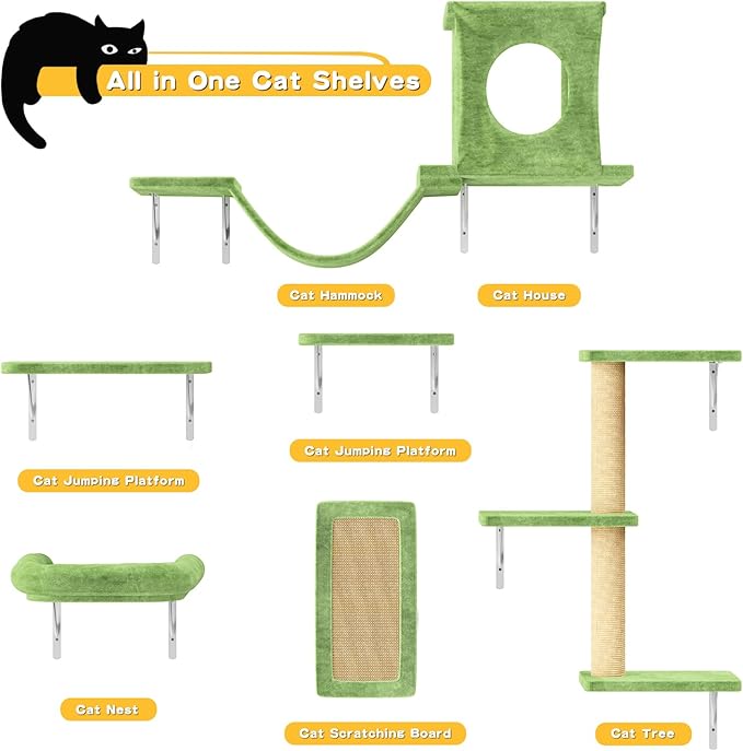 NUNU LAB Wall Mounted Cat Furniture, 6 Pcs Cat Wall Shelves with Condo House, Bridge, Steps, Scratcher, Hammock, Indoor Safe & Stable Furniture for Kittens Play, Green