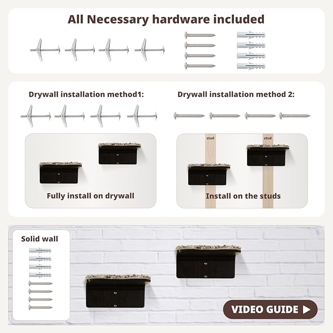 2 Set Cat Wall Steps - Wooden Cat Climbing Shelf for Wall - Cats Wall Stairs with Scratching Mat - Wall Mounted Cats Furniture for Jumping, Playing, and Lounging, Walnut