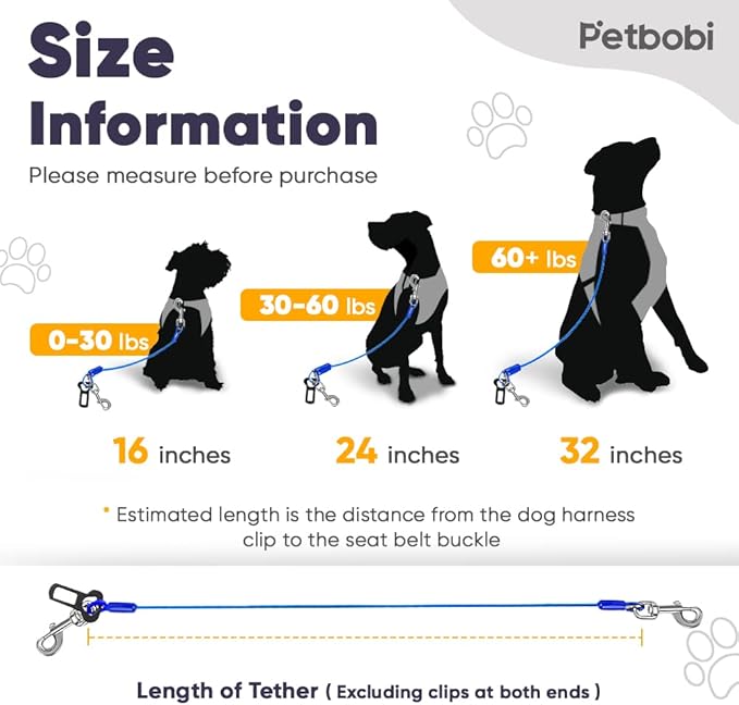 Petbobi Dog Seat Belt for Car - Chew Proof Durable Dog Seatbelt Tether for Small Medium Large Pets - Metal Vehicle Harness Restraint with Double Clips and Latch - Car Leash for Safety Travel