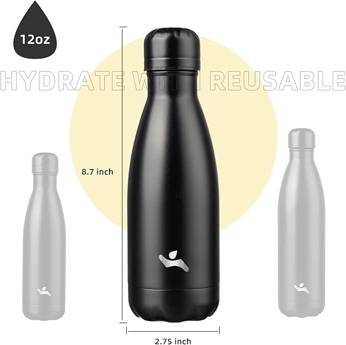 Insulated Water Bottles,12 oz Double Wall Stainless Steel Vacumm Metal Flask for Sports Travel,Midnight Black