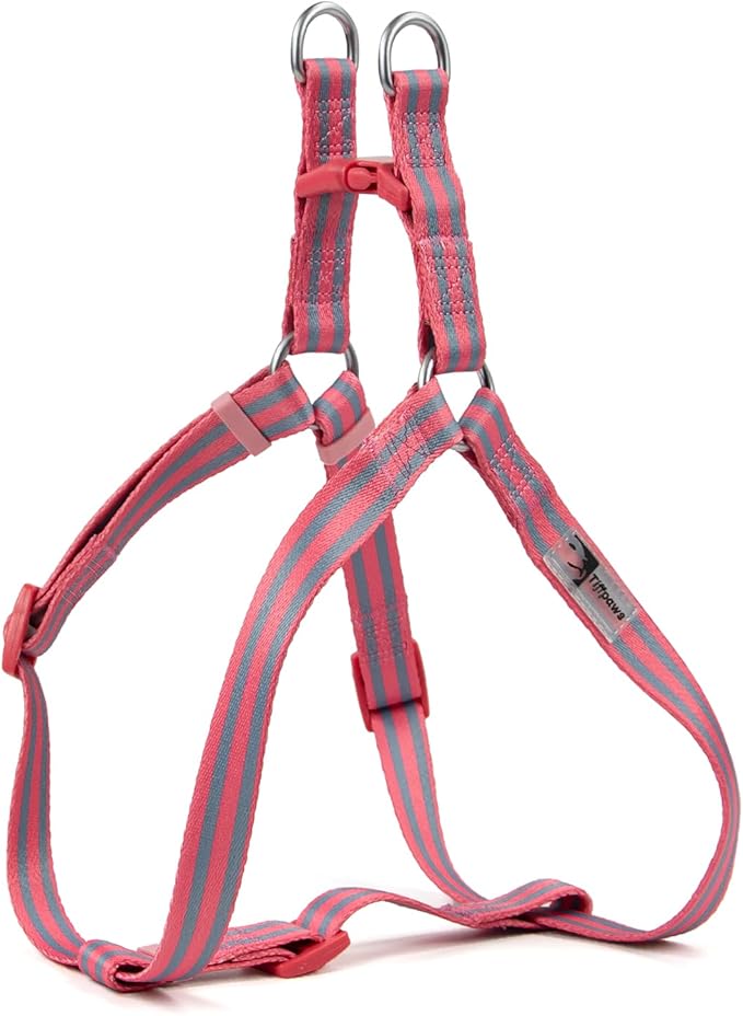 Stripe Step in Dog Harness for Small Dogs, Freedom Nylon Dog Halter Vests, Lightweight and Escape Proof Puppy Harness, Quick Fits for Small Medium and Large Dogs, Pink L