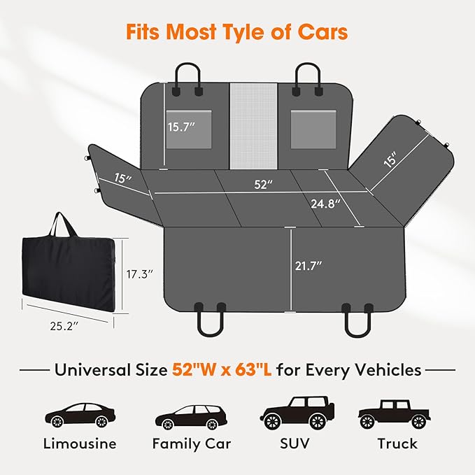 MIXJOY Back Seat Extender - Hard Bottom Dog Car Seat Cover, Waterproof & Foldable Dog Hammock for Car Travel, Grey