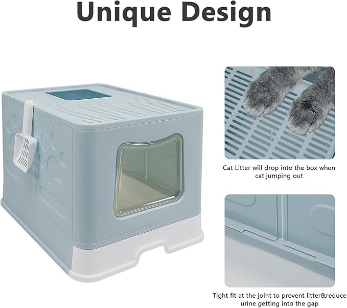 XL Foldable Cat Litter Box with Lid - Jumbo Enclosed Potty - Top Entry Anti-Splashing Toilet - Includes Scoop & 2-in-1 Cleaning Brush (Blue