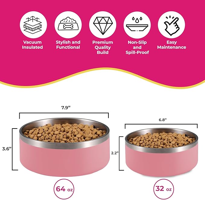 Dog Bowl, 64 oz Light Pink Stainless Steel Pet Bowl, Vacuum Insulated to Keep Water Cool, Non-Slip, Stylish and Functional, Easy to Clean Pet Bowl