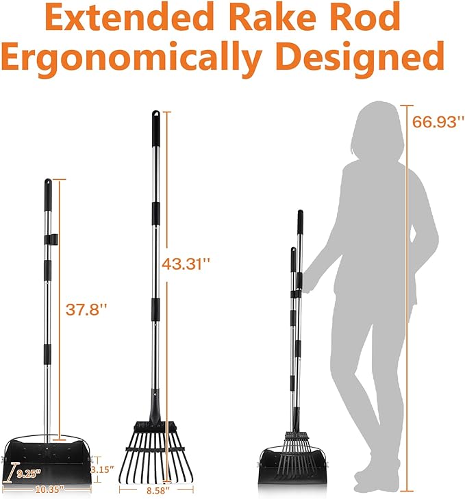 Toozey Unbreakable Dog Pooper Scooper with Extra Large Stainless Metal Poop Tray & 43.31" Long Handle Rake Scoop, Easy Waste Cleanup for Large, Medium, Small Dogs with 20 Bags