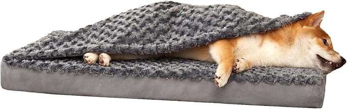 Orthopedic Memory Foam Bed for Large Dogs, Waterproof Cooling Pet Mats for Crate with Removable Washable Cover,Ideal for Arthritic Dogs (Large-35"x 22" x 3", Rose Plush+Blanket)