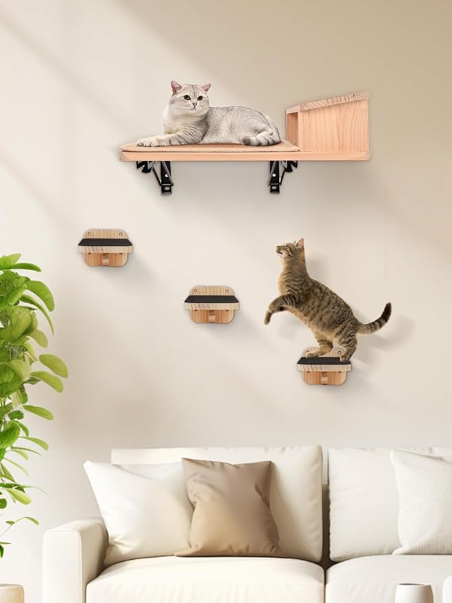 Cat Wall Shelves with 3 Cimbing Steps Wall-Mounted Cat Shelf Dogproof Feeding Bowls Station Cats Hammock and Perches for Wall Furniture Set Climber Scratching Post