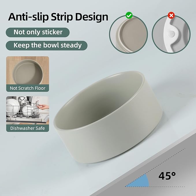 Ceramic Raised Dog and Cat Bowl Set, 2 Heights Elevated Stand, Food and Water Bowl for Small Breed Dogs, Cats, Kitty, Weighted Dog Dishes, Pet Bowls(5.1'',13.5oz, Grey)