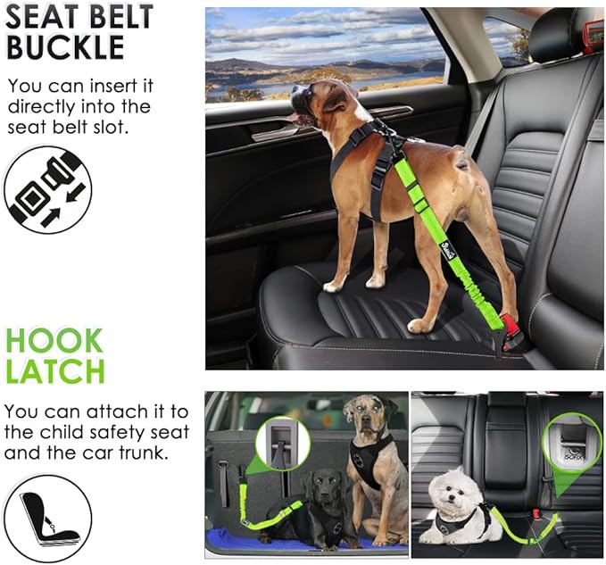 SlowTon Dog Seat Belt, Adjustable Dog Safety Belt Leash, 2 in 1 Latch Bar Attachment Dog Car Seatbelt with Elastic Nylon Bungee Buffer, Reflective Nylon Belt Tether (Lime)