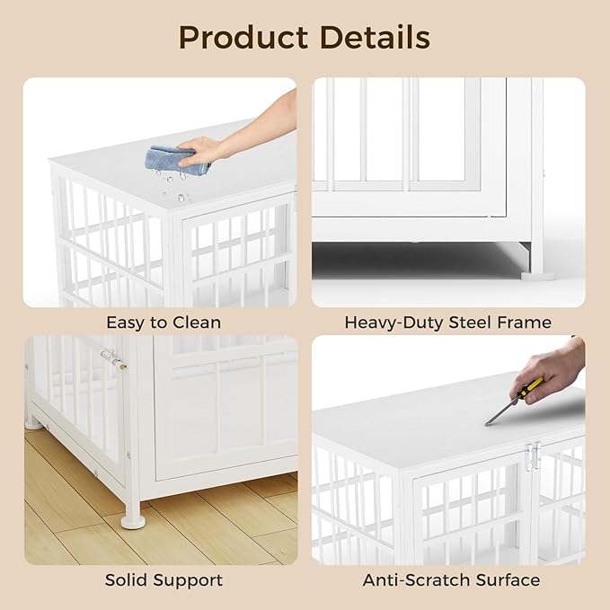 32 Inch Heavy Duty Wooden Dog Kennel End Table with Double Door Design and Secure Locks, Indoor Pet Crate Furniture for Medium Dogs, Decorative Home Cage Design,White