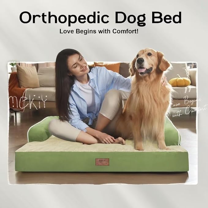 Large Dog Bed Orthopedic Washable - Memory Foam - XXL Large Big Dogs - Beds Bolster Pet - Couch Sofa - Waterproof with Removable Cover - Grass Green Dog Bed