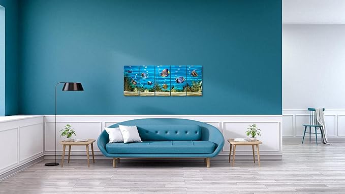SYGALLERIER School Of Fish Metal Wall Art Handcrafted 3D Coastal Aluminum Artwork Modern Abstract Sea Styles Wall Accent in Blue Green Silver Color for Living Room Bedroom Bathroom Decor