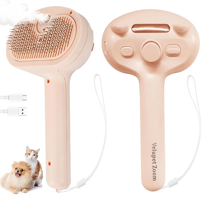 Cat Steam Brush for Shedding, Pet Steam Brush for Dog with Release Button,Anti-Static Pet Spray Hair Removal Comb,Cat Spray Comb for Long & Short Haired Pets,Pink