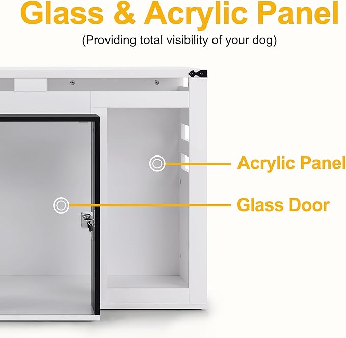 Lovupet Wooden Dog Crate Furniture, Villa Style Dog Kennel for Medium Breed with Glass Door and Acrylic Panels, GC34 (White)