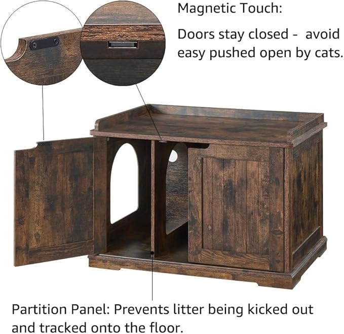 unipaws Cat Litter Box Enclosure Furniture, Dog Proof Hidden Litter Box Cover, Cabinet for Large Cat,Hideaway Kitty House, Rustic