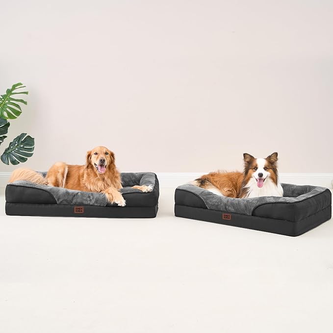EHEYCIGA Memory Foam Dog Bed for Large Sized, Orthopedic Dog Sofa with Sides and Waterproof Liner, Washable Bolster Pet Couch with Removable Cover, 41x27x7.5 Inch, Grey/Black