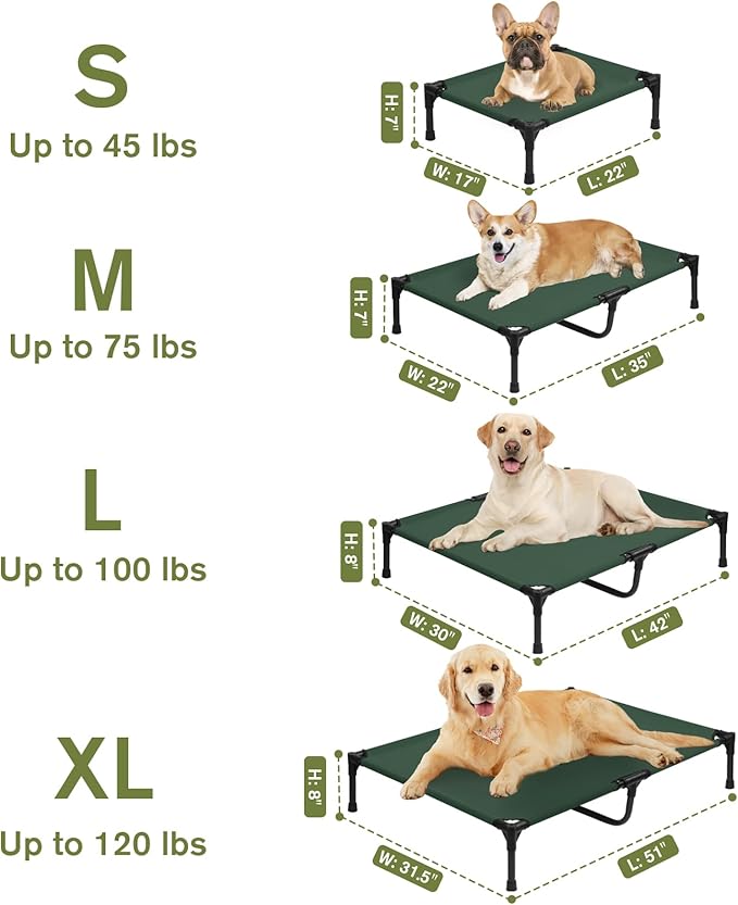 Elevated Dog Bed 42 Inch - Breathable Raised Pet Bed for Large Dogs, Waterproof Dog Cot Bed Easy to Assemble, Durable Portable Pet Cot with Non-Slip Feet, Green