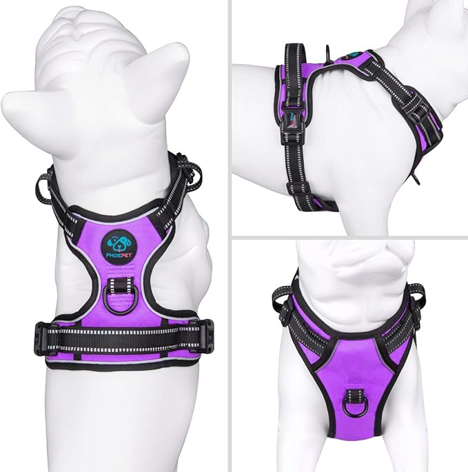 PHOEPET Reflective Dog Harness No Pull Large Breed Vest with 2 Metal Leash Attachment Hooks(XL, Purple)