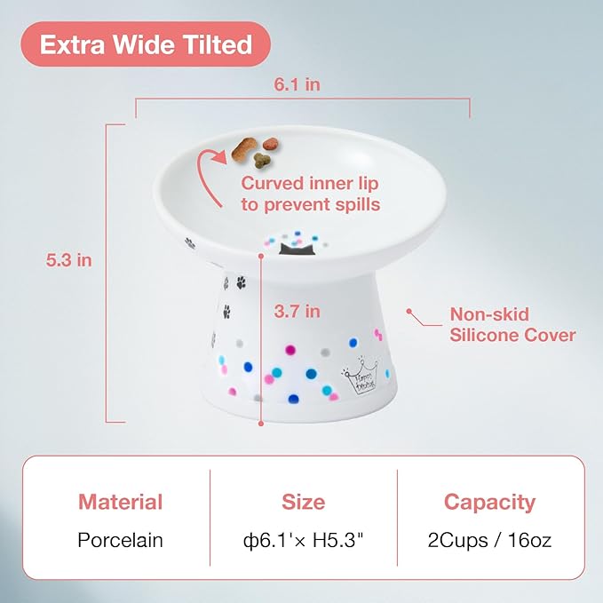 Necoichi Extra Wide Raised Cat Food Bowl, Elevated, Prevent Neck & Whisker Fatigue, Dishwasher and Microwave Safe, No.1 Seller in Japan! (Colorful Dots Limited Edition, Extra Wide Tilted)