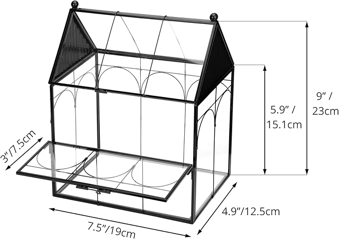 NCYP Glass Enclosure with Vent Holes for Insect, Jumping Spiders, Snails - 7.5" x 4.9" x 9" Small Closed Front Opening Door Succulent Terrarium - House Shape Habitat, Home Decor Black (No Plants)