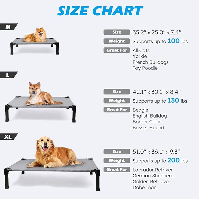 Heeyoo Elevated Dog Bed, Cooling Raised Pet Cot with Chew Proof Washable Breathable Mesh and Metal Frame, Portable Dog Cot Bed with No-Slip Feet for Outdoor or Indoor Use