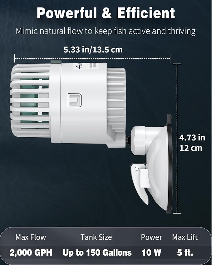 Pawfly Wave Maker for Aquarium, 2000 GPH 10W Aquarium Powerhead, Quiet Submersible Wavemaker for Fish Tanks up to 150 Gallons, Water Circulation Pump with Strong Suction Cup Base
