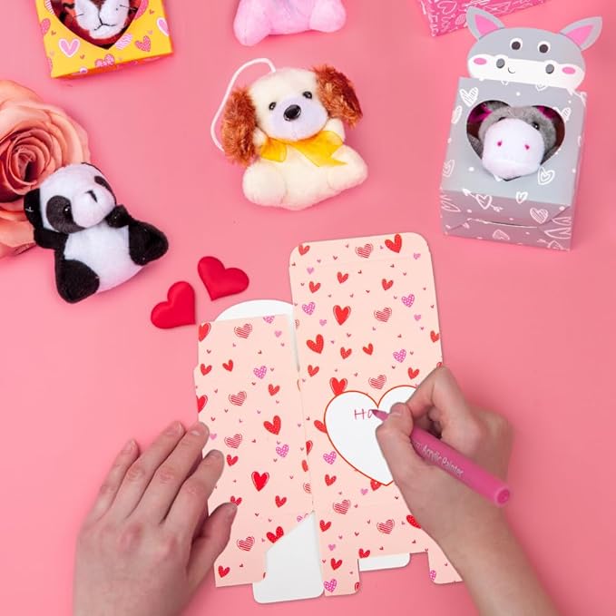 Sofier Valentines Day Gifts for Kids Classroom 24 Pack Valentines Card Boxes with Heart Window Mini Animal Toys Keychains Bulk for Boys Girls Classroom Exchange Party Favor School Teacher Student
