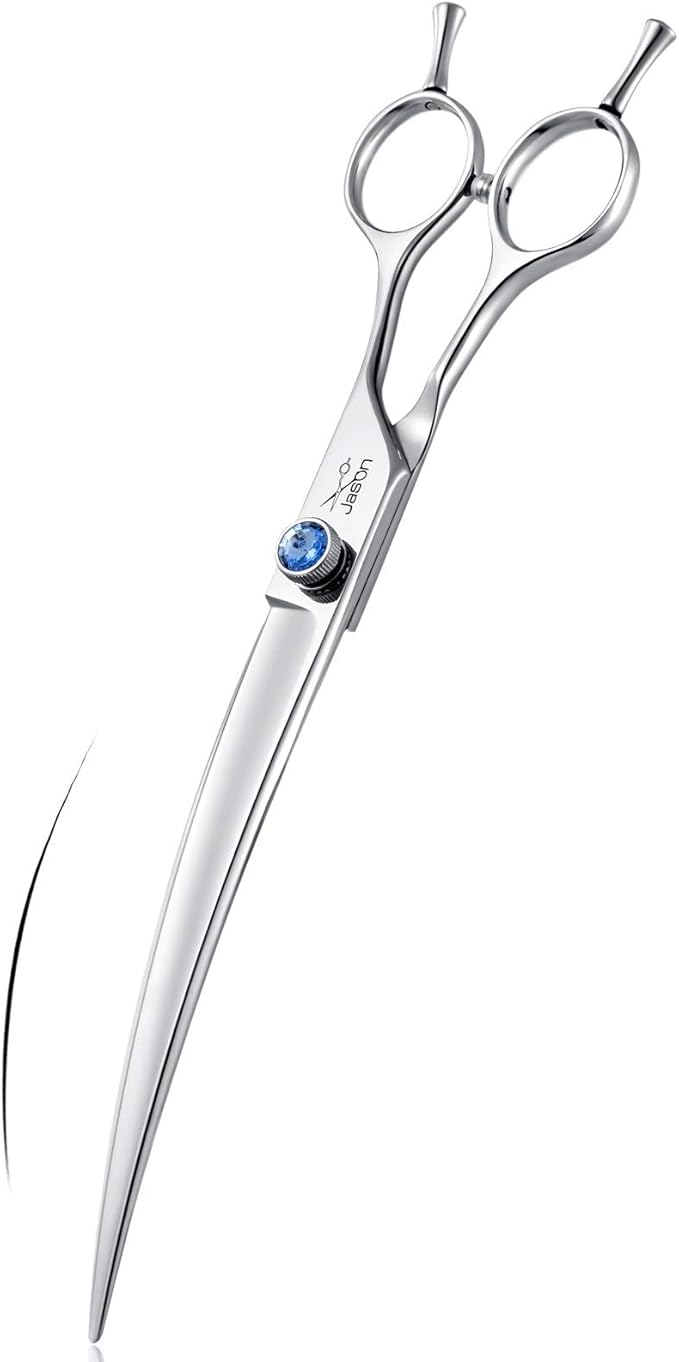 JASON 8" Curved Dog Grooming Scissors Ergonomic Pets Cats Trimming Shears with Offset Handle and a Jewelled Screw for Right Handed Groomers Long Sharp Comfortable