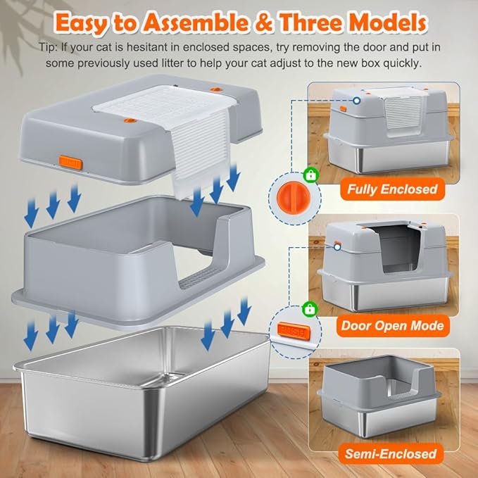 Vivifying Stainless Steel Litter Box with Lid, XL Side Entry Extra Large Litter Box for Big Cats & Kitty, Removable Enclosed Metal Cat Pan with High Sided Enclosure, Scoop, Mat, Footboard (Gray)