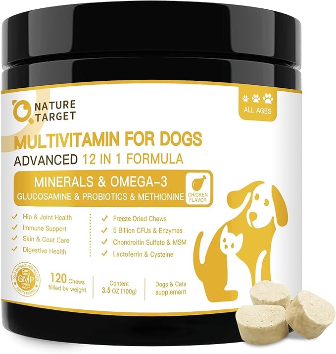 NATURE TARGET Dog Multivitamins for Overall Health with Minerals, Immune Support, Digestive Health, Joint, Hip, Skin & Coat Care with Probiotics, Glucosamine, Enzymes, 120 Freeze Dried Chews