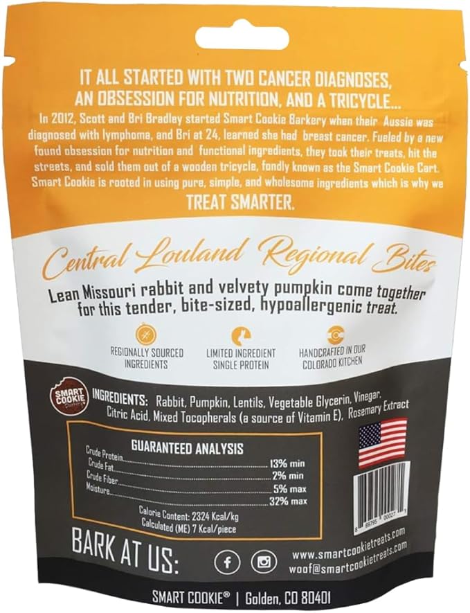 Smart Cookie All Natural Dog Treats - Rabbit & Pumpkin - Training Treats for Dogs with Allergies or Sensitive Stomachs - Soft Dog Treats, Grain Free, Chewy, Human-Grade, Made in USA - 5oz, Pack of 3