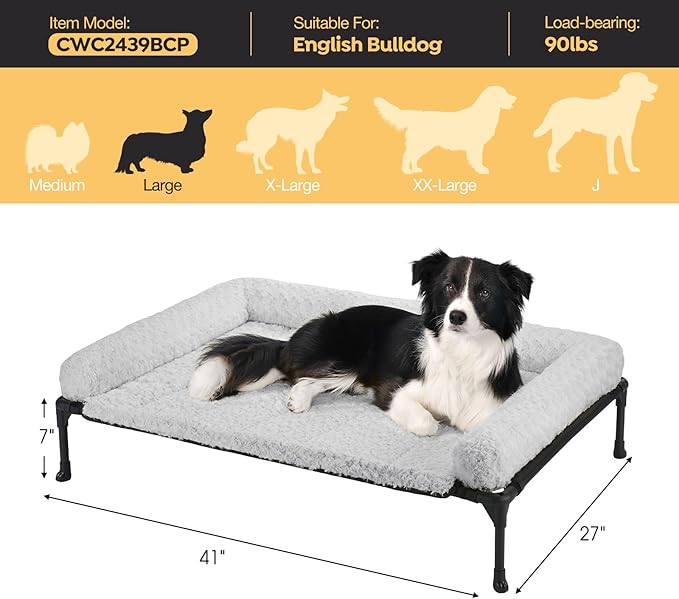 Veehoo Cooling Elevated Dog Bed Add Removable Deluxe Rose Plush Bolster Cushion Mat, 41" x 27" Washable Dog Couch Bed, Raised Pet Cot with Breathable Teslin Mesh, No-Slip Feet, Grey, CWC2439B