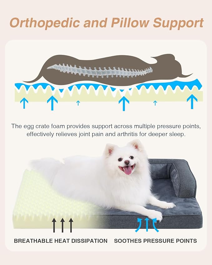 KSIIA Orthopedic Dog Bed for Medium Size Dog，Washable Pet Sofa with U-Shaped Bolster Removable Waterproof Cover Non-Slip Bottom and Egg-Crate Orthopedic Foam Pet Couch Bed, 35 x 22 Inch, Dark Gray
