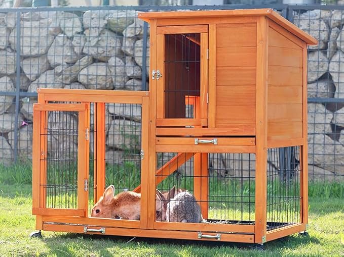 Indoor Rabbit Hutch Outdoor Bunny Hutch with Wheels, 2 Pull-Out Trays, Waterproof Openable Roof, 39" L Large 2-Level Wooden Rabbit Cage Small Animal Enclosure, Orange