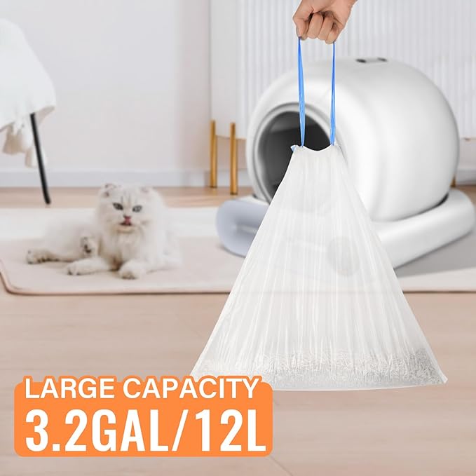 Cat Litter Bags, 80 Pieces Litter Box Liners for Automatic Cat Litter Box Self Cleaning, 4 Rolls 18 x 18 inches Robot Drawstring Bags, White