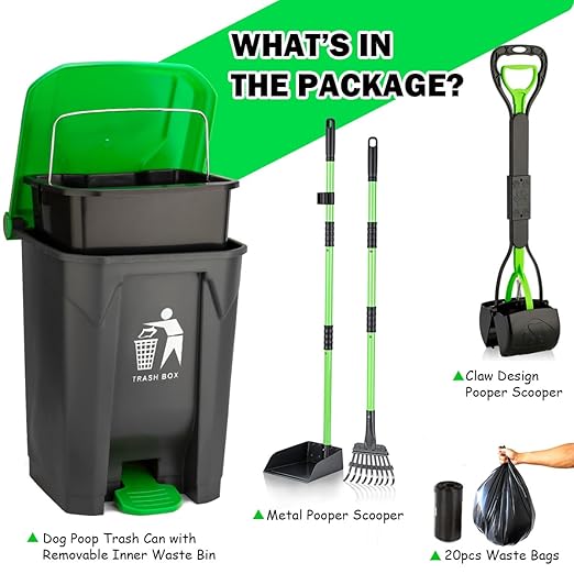 MXF Pooper Scooper Set - 28" Dog Pooper Scooper & Long Handle Stainless Metal Tray&Rake, 15 Litre Step Dog Poop Trash Can w/Removable Inner Bucket, 20 Waste Bags for Outdoors