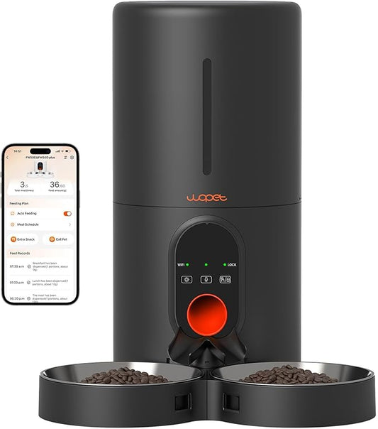 WOPET Automatic Cat Feeder, 5G WiFi Pet Feeder for Two Cats or Dogs with Remote Control, 6L Cat Food Dispenser with Low Food Sensor, 1-10 Meals Per Day, Up to 10s Meal Call for Pets