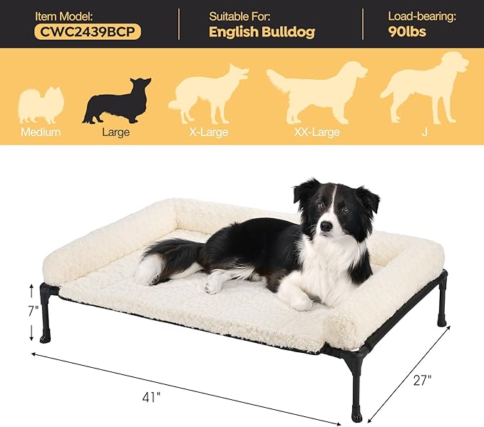 Veehoo Cooling Elevated Dog Bed Add Removable Deluxe Rose Plush Bolster Cushion Mat, 41" x 27" Washable Dog Couch Bed, Raised Pet Cot with Breathable Teslin Mesh, No-Slip Feet, White, CWC2439B