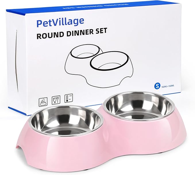 Stainless Steel Dog Bowls Set – Dual Non-Slip Pet Dishes with 2 Small (4oz*2) Bowls & Durable Resin Stand,Food & Water Feeder for Puppies, Kittens, and Small Breed Dogs– Pink