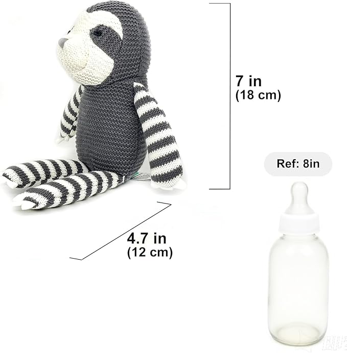 100% Organic Cotton Baby Toys 7.1" Sloth Stuffed Animal for Newborn (Grey)